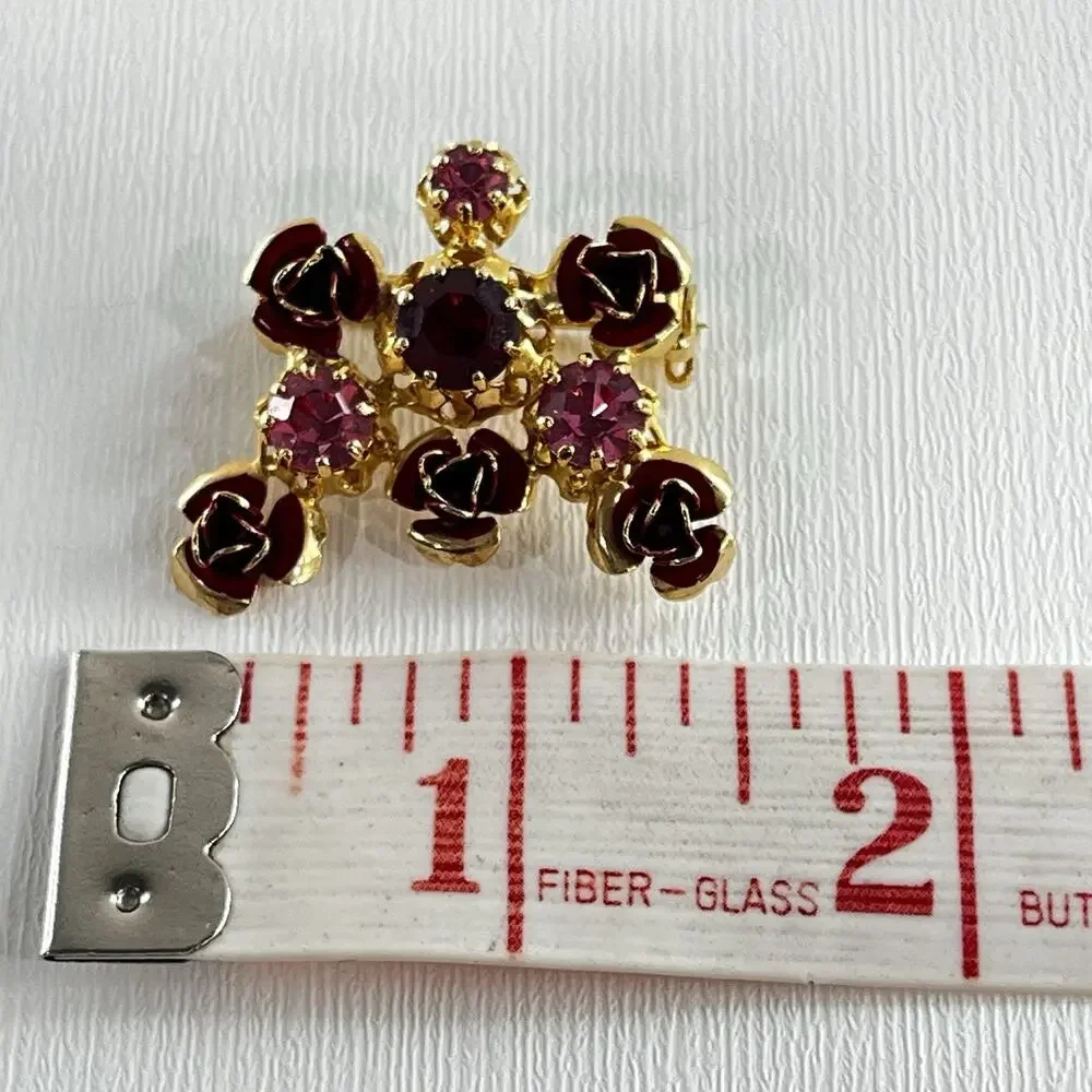 Vintage Austria Crystals Shades Of Red Pink Pin Brooch Floral Enamel Signed